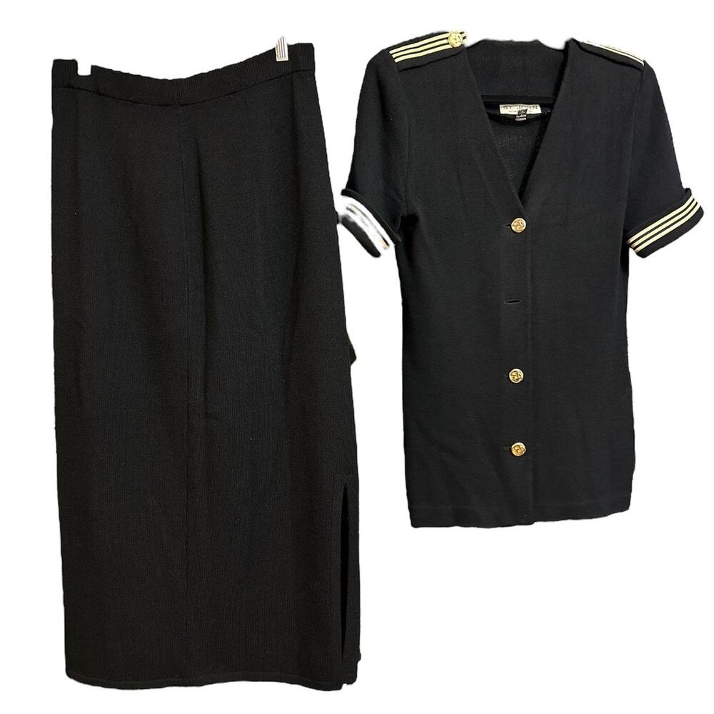 Vintage St John Santana Knit Black Jacket Gold Trim Women's Blazer /skirt size 8